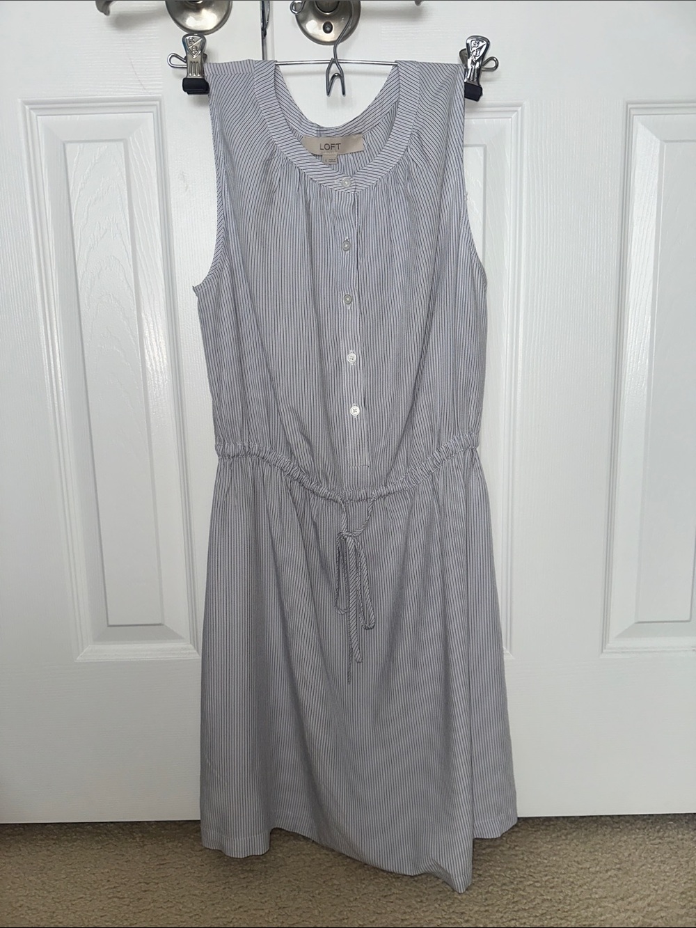 LOFT Sleeveless Button-Front Midi Dress in Light Gray Stripe